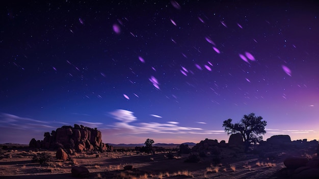 Un cielo pieno di stelle con un albero e un albero in primo piano.