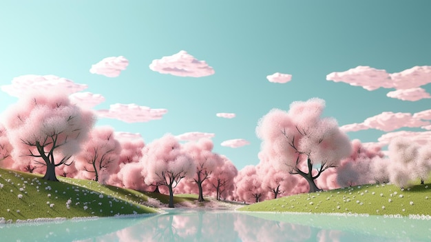 Un cielo rosa con nuvole e alberi in primo piano.