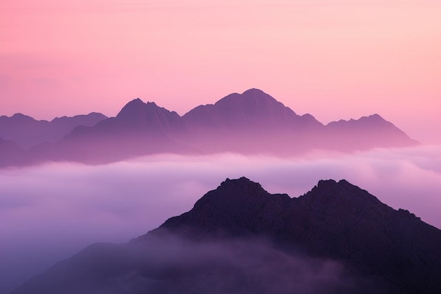 Un cielo rosa con nuvole e montagne sullo sfondo