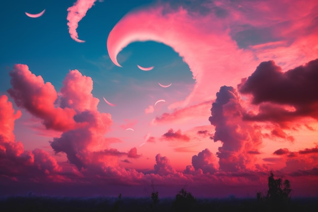 Un cielo rosa con nuvole e un disegno a spirale che dice "drago"