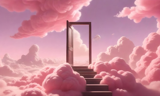 un cielo rosa con nuvole e una porta che dice "uscita"
