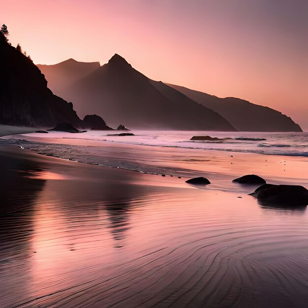 Un cielo rosa si riflette nella sabbia di una spiaggia con una montagna sullo sfondo.