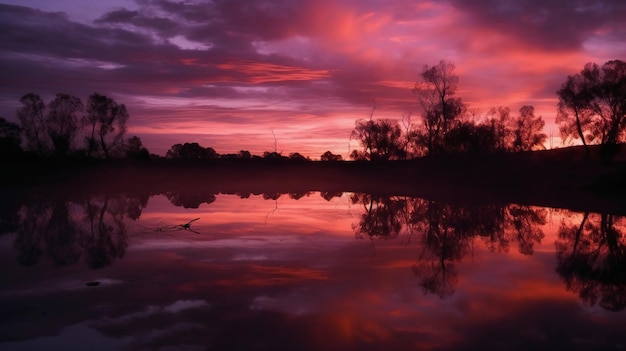 Un cielo rosa sopra un lago