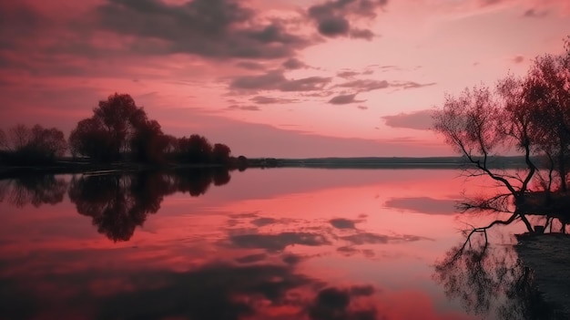 Un cielo rosso con nuvole e alberi che si riflettono nell'acqua