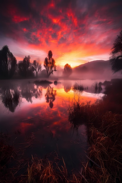 Un cielo rosso con un tramonto sullo sfondo