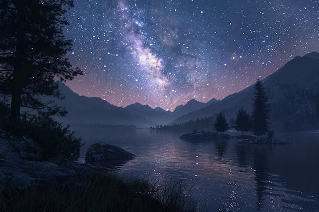 Un cielo stellato incantevole sopra un lago tranquillo