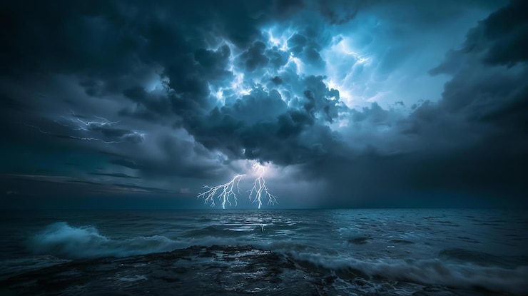 Foto un cielo tempestoso drammatico con fulmini su un oceano buio
