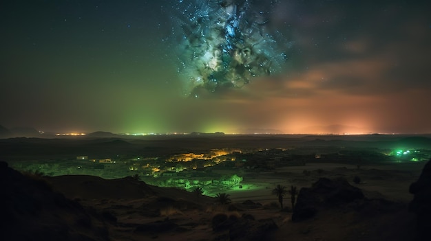 Un cielo verde e azzurro con del fumo in primo piano e una luce verde sullo sfondo.