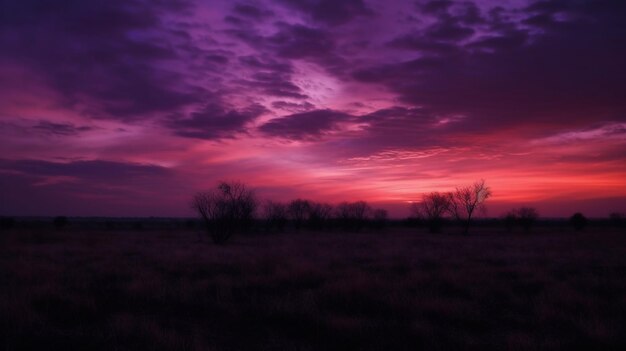 Un cielo viola con nuvole e un albero in primo piano