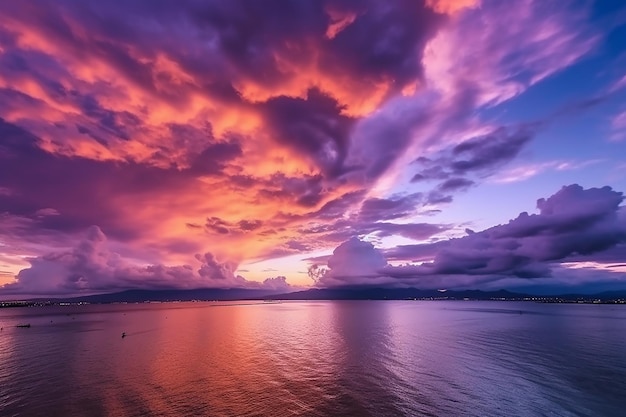 Un cielo viola con un tramonto viola e arancione sul mare