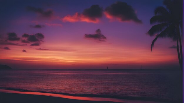 un cielo viola con una vela e una barca a vela nell'acqua.