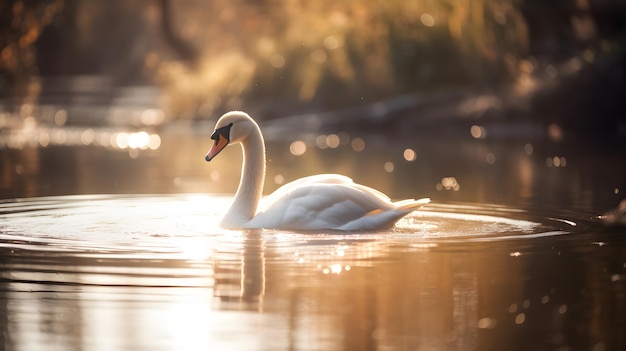 Un cigno che nuota in un lago con il sole che splende sull'acqua