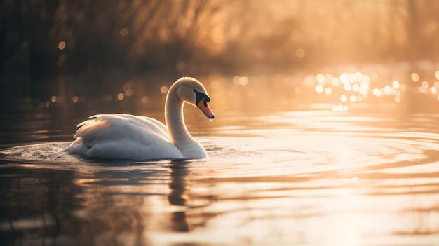 Un cigno che nuota in un lago con una luce dorata