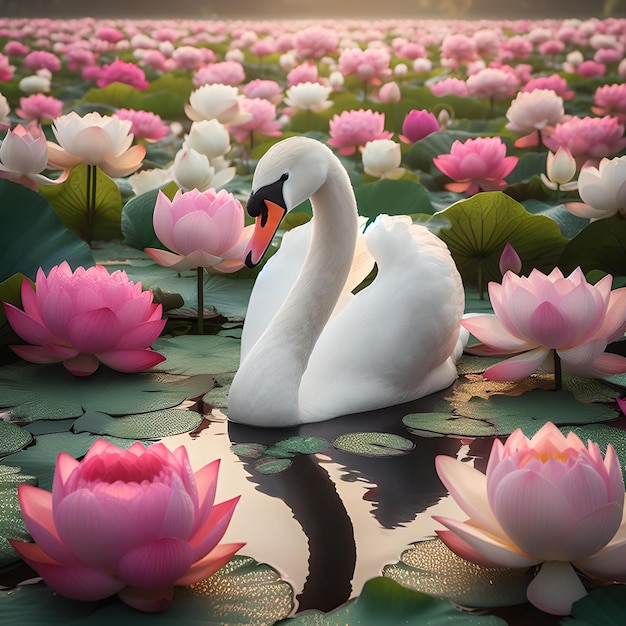 un cigno che nuota in uno stagno pieno di fiori di loto in fiore generati dall'AI