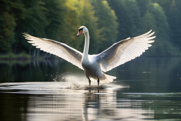 Un cigno che scivola graziosamente su un lago calmo un maestoso cigno che scorre graziosamente sul sereno lago generato da Ai