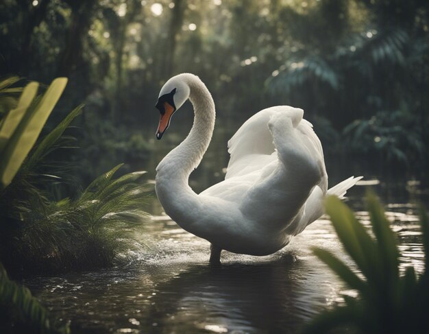 un cigno è in piedi nell'acqua con il sole che splende sul collo