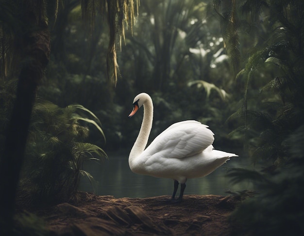 un cigno è in piedi su un tronco di fronte a un lago