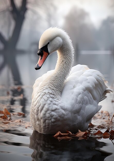 un cigno è seduto in acqua con le foglie a terra