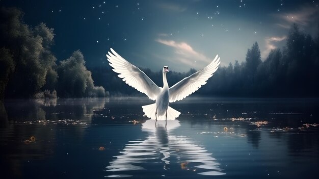 Un cigno muto che sbatte le ali nel lago