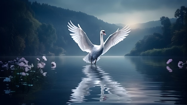 Un cigno muto che sbatte le ali nel lago