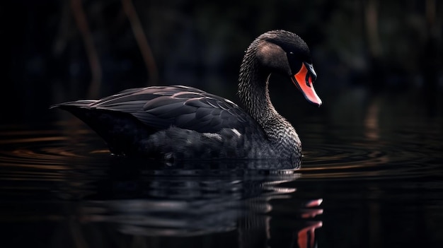 Un cigno nero sta nuotando in un lago con una luce dietro di esso ai generativa