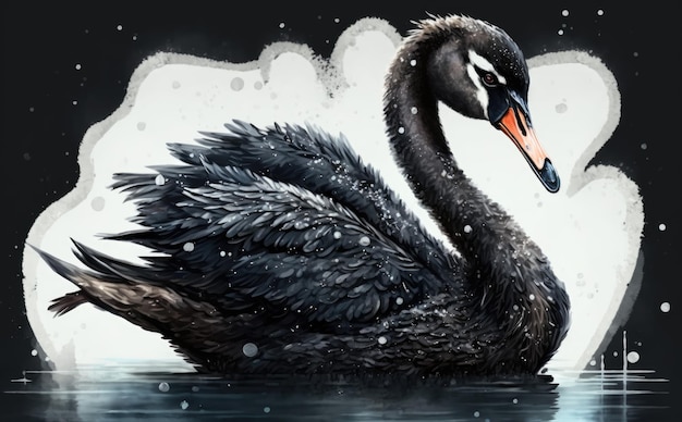 Un cigno nero sta nuotando nell'acqua. illustrazioni ad acquerello per bambini in stile cartone animato ai generate