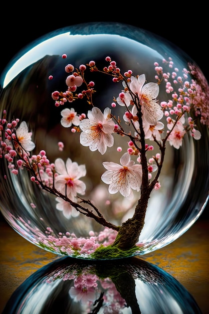 Un ciliegio in fiore giapponese fotografato attraverso una lente sferica