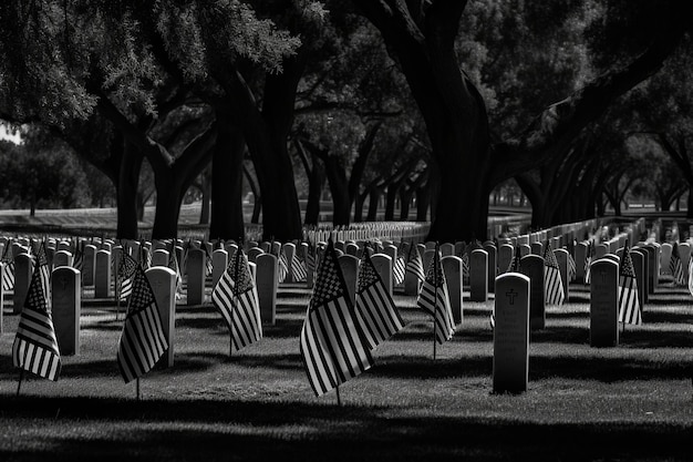 Un cimitero con bandiere americane sul terreno.