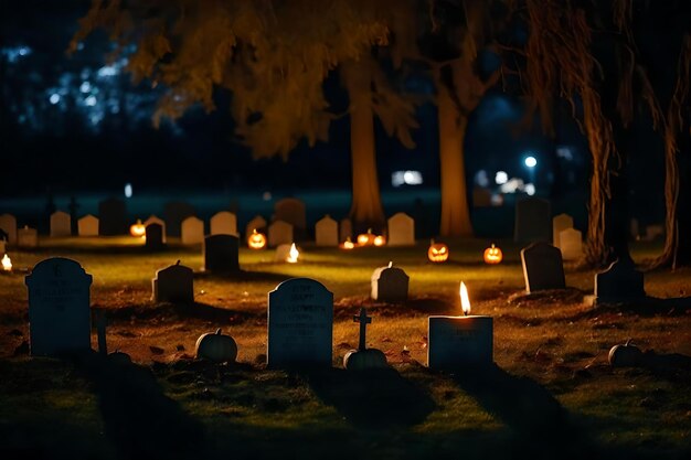 Un cimitero con delle zucche sullo sfondo