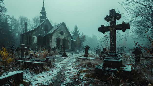 Un cimitero coperto di nebbia con croci deteriorate