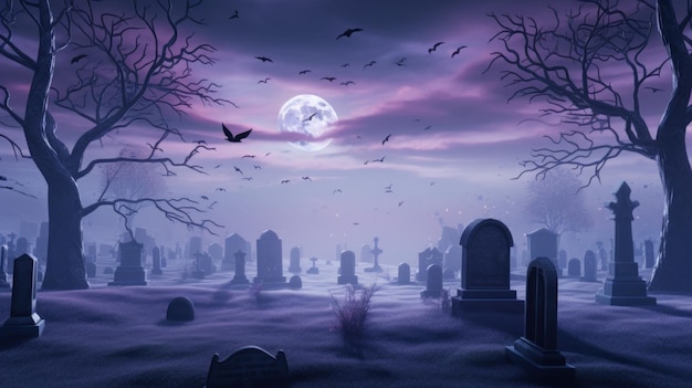 Un cimitero di notte con la luna piena nel cielo Immagine generativa ai