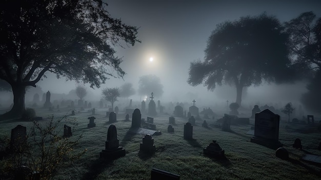 Un cimitero in una notte nebbiosa con la luna sullo sfondo.