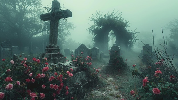Un cimitero nebbioso con lapidi rovesciate