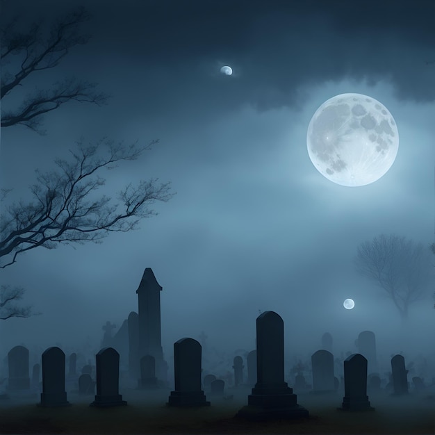 Un cimitero spettrale illuminato da una luna piena con una nebbia nebbiosa che rotola sullo sfondo di Halloween