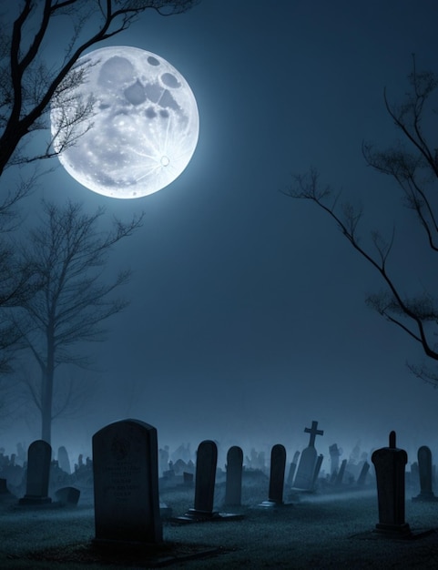 Un cimitero spettrale in una nebbiosa notte di Halloween illuminato da una luna piena