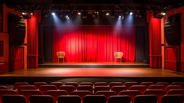 Un cinema buio buio o un teatro il palco con le tende rosse tirate indietro