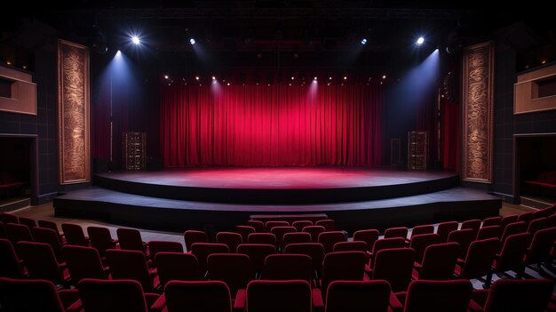 Un cinema buio buio o un teatro il palco con le tende rosse tirate indietro