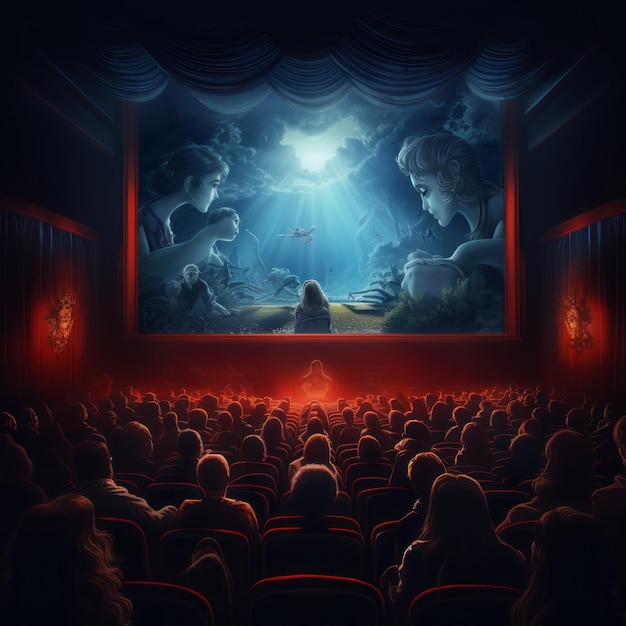 Un cinema che proietta un film sullo schermo con il pubblico che guarda