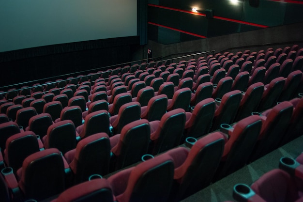 Un cinema con file di posti vuoti e uno schermo che dice "sono un cinema"