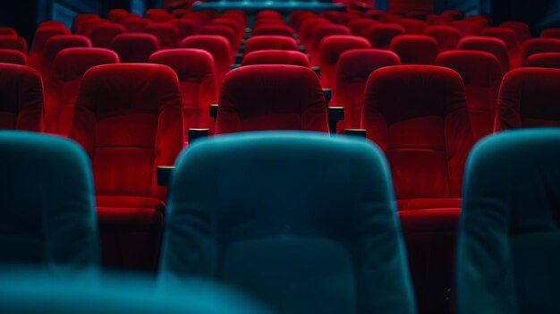 Un cinema vuoto con sedili di velluto rosso I sedili sono disposti in file e colonne e il teatro è illuminato da una luce debole