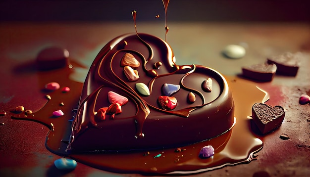 Un cioccolatino a forma di cuore con sopra delle caramelle colorate
