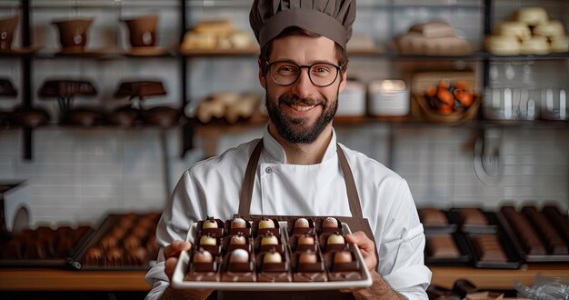 Un cioccolatino in un grembiule da cuoco che tiene un vassoio di cioccolati fatti a mano in un negozio di cioccolate sullo sfondo di colore solido