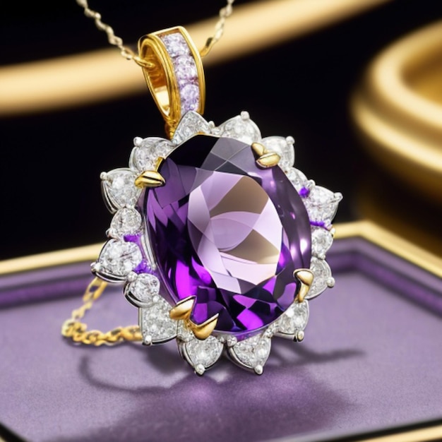 Un ciondolo di ametista viola con diamanti e una collana di diamanti.