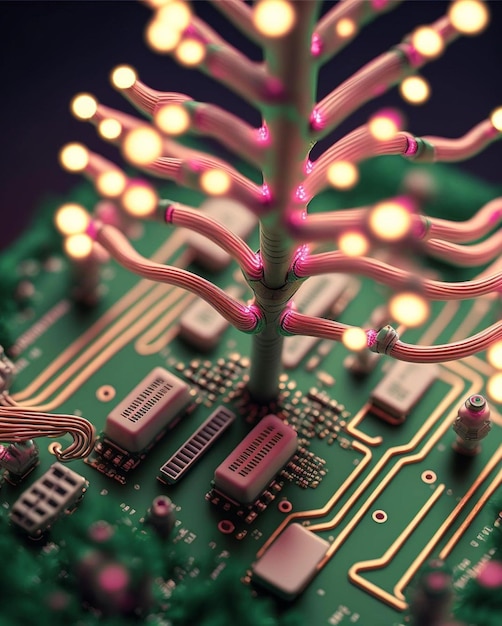 Un circuito di computer con fili rosa e un circuito verde con la parola circuito su di esso.