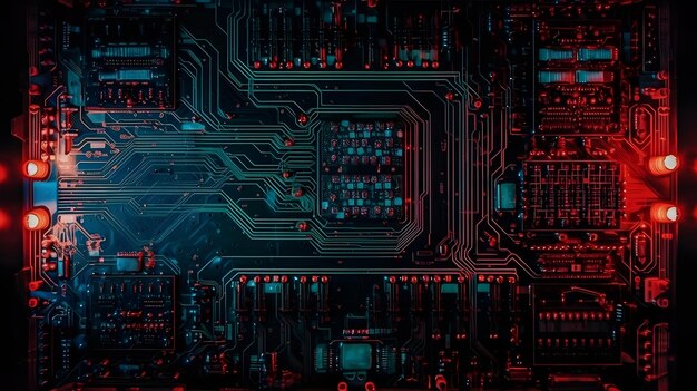 Un circuito di computer con luci rosse e blu ai generativo