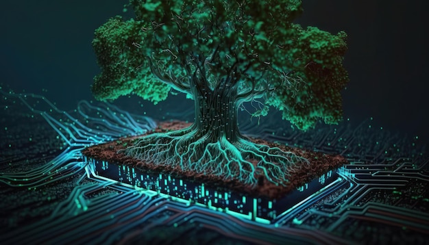 Un circuito di computer con un albero che cresce da esso