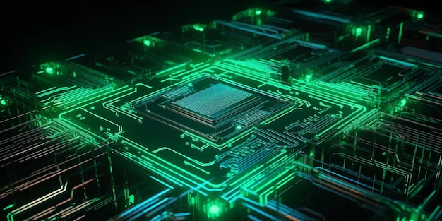 Un circuito stampato verde con un circuito che dice "elettronico"