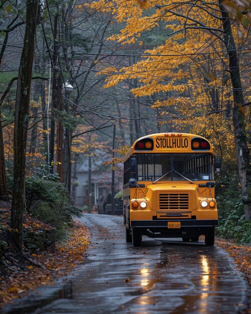 Un classico autobus scolastico giallo che abbatte la carta da parati