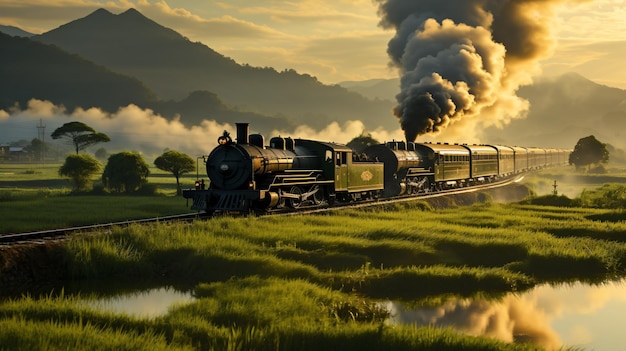 Un classico treno antico che attraversa il campo verde