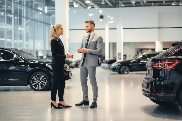 Un cliente e una concessionaria di auto esplorano una nuova auto in una sala espositiva di una concessionaria di auto